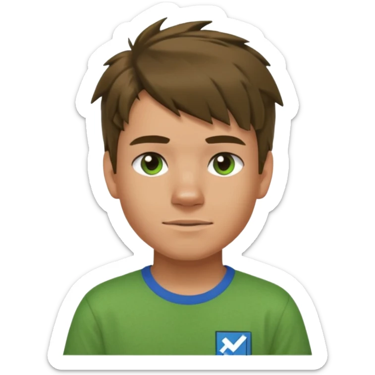 A 14 yerar old teenage boy, slightly tanned, wearing a green minecrcaft tshirt, blue jeans and green sneakers with brown tousled hair, smirking sticker