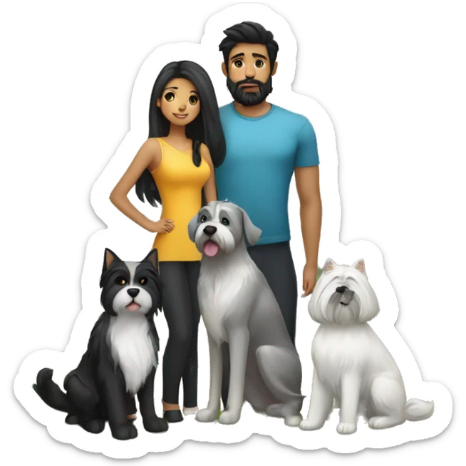 Family girl with black long hair, boy with black beard, british cat gold shinshilla and dog schnauzer  sticker