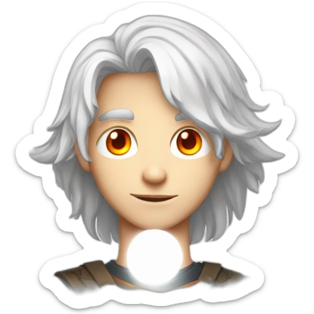 white haired boy with orange-red eyes, long hair, he has powers of the sun god, teeange boy, 15 years old sticker