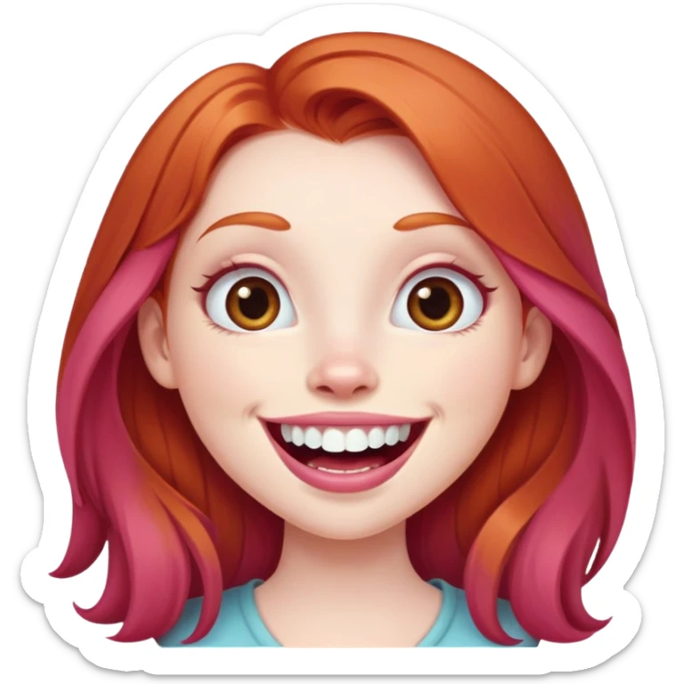 Young girl with pale skin, full pink lips smiling with big teeth, ginger red hair (very long), bigger nose, extra large brown eyes (very big eyes), big mouth sticker