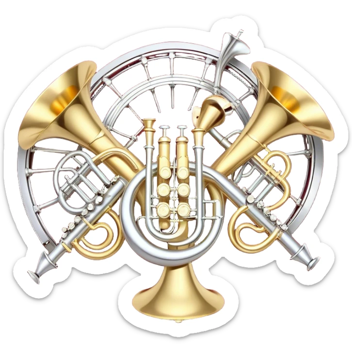 Create a festive and elegant emoji collage featuring a bouquet or fan of brass instrument bells (trumpets, saxophones, trombones, etc.) arranged in a radiant, symmetrical pattern. The instruments should have polished, golden and silver finishes, with their large, shiny bells forming a beautiful, fan-like display. Include a flowing ribbon of musical notes swirling through the center, conveying movement and melody. The background should feature a deep red velvet texture, adding a touch of luxury and sophistication. The overall composition should be balanced, with an elegant and regal feel, with a transparent background to keep focus on the instruments and musical elements. sticker