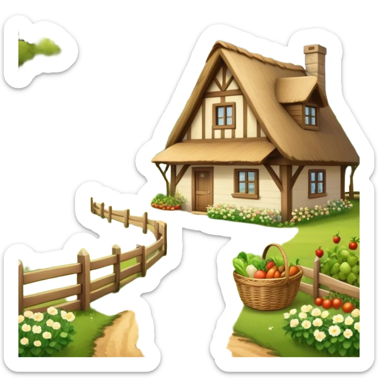Icon for Rural Tourism: a peaceful countryside scene with a wooden cottage, a dirt path, grazing animals, and a basket of fresh produce. The icon should represent the tranquility and charm of rural life. Transparent background. sticker