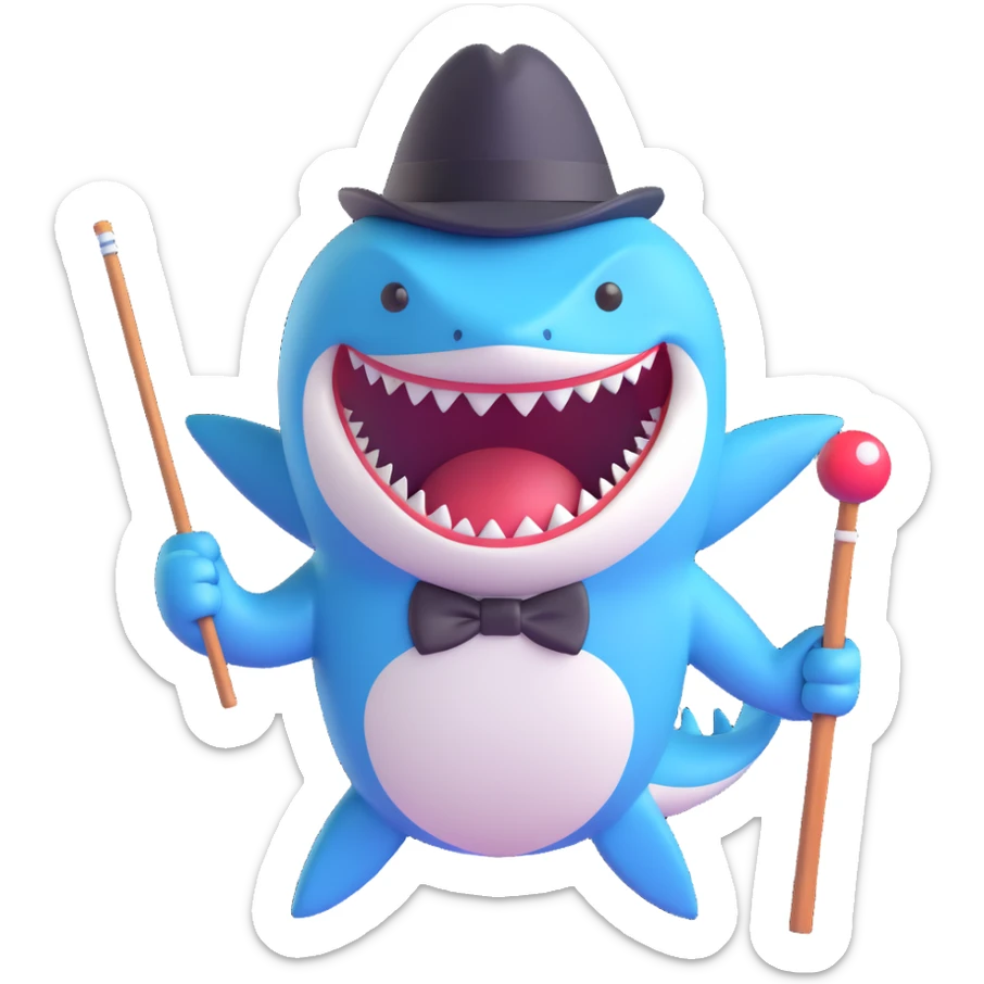 Add a cane to the cartoon shark with a black top hat, keep the 3D emoji style, no background. sticker