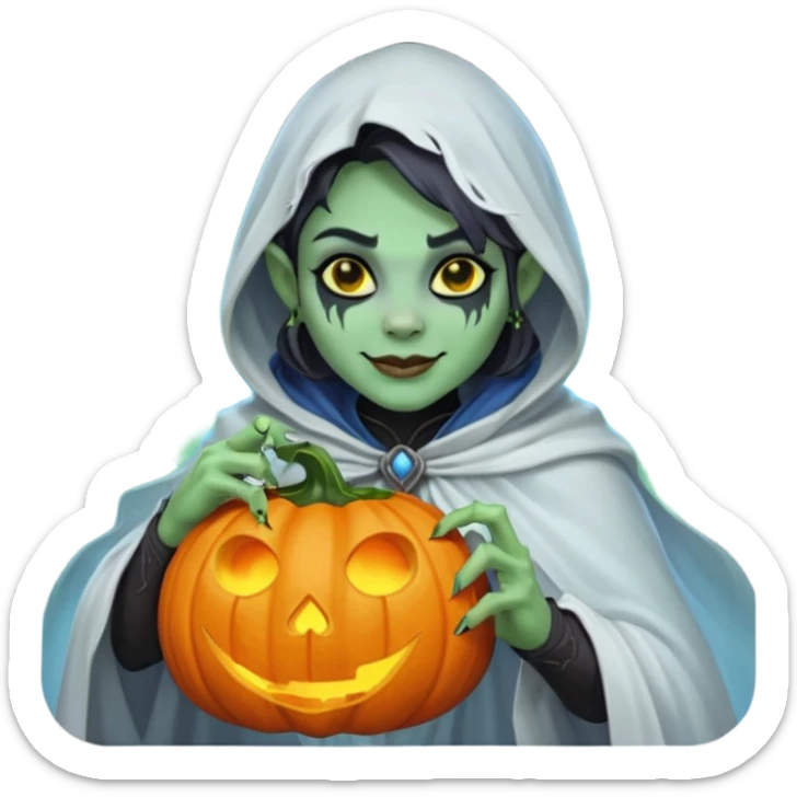 female orc ghost emoji, green skin, tusks, gentle smile, wearing flowing white ghost cloak with black eye holes, holding pumpkin lantern, faint glowing blue mist, Halloween fantasy, smooth Apple emoji style, white background, square sticker