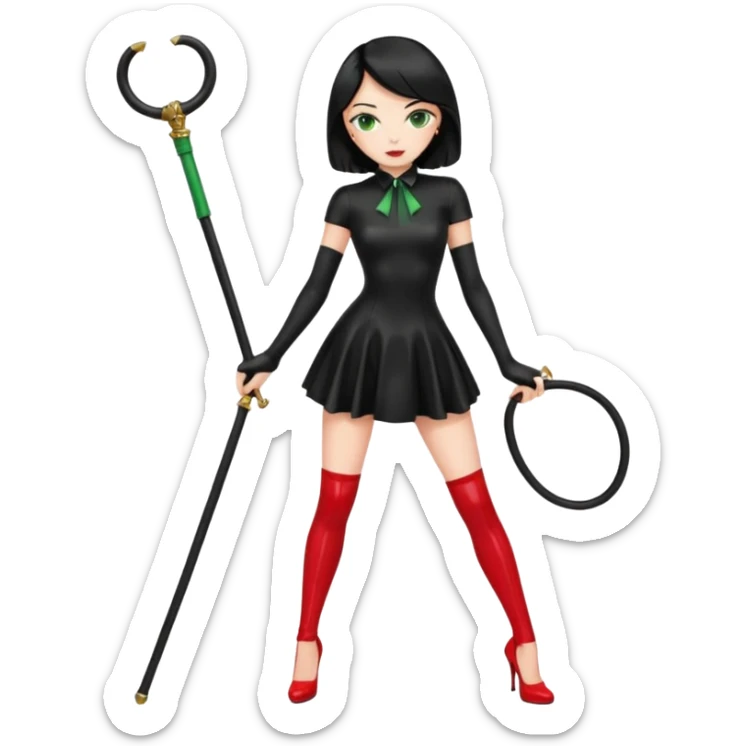 🕵🏻‍♀️💦🧥 black hair , green eyes , full body , red high heels , whip , black latex dress sticker