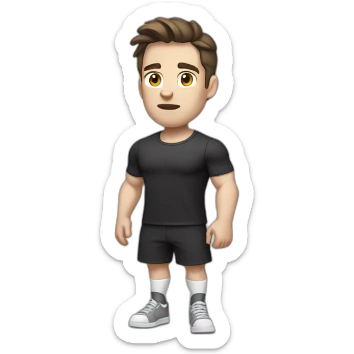 Confused Pale skinned Fit Man With the biceps and dark brown hair in black shirt, gray sports shorts and white Sneakers sticker