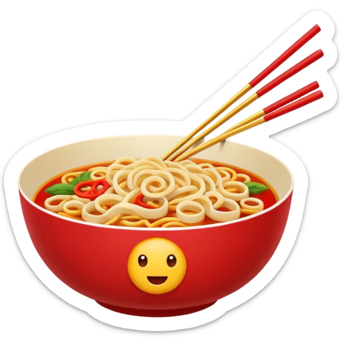 Chinese cuisine humanless avatar in bright emoji-style illustration. Noodles bowl, red and gold colors, simple shapes, flat design, bold and energetic. sticker