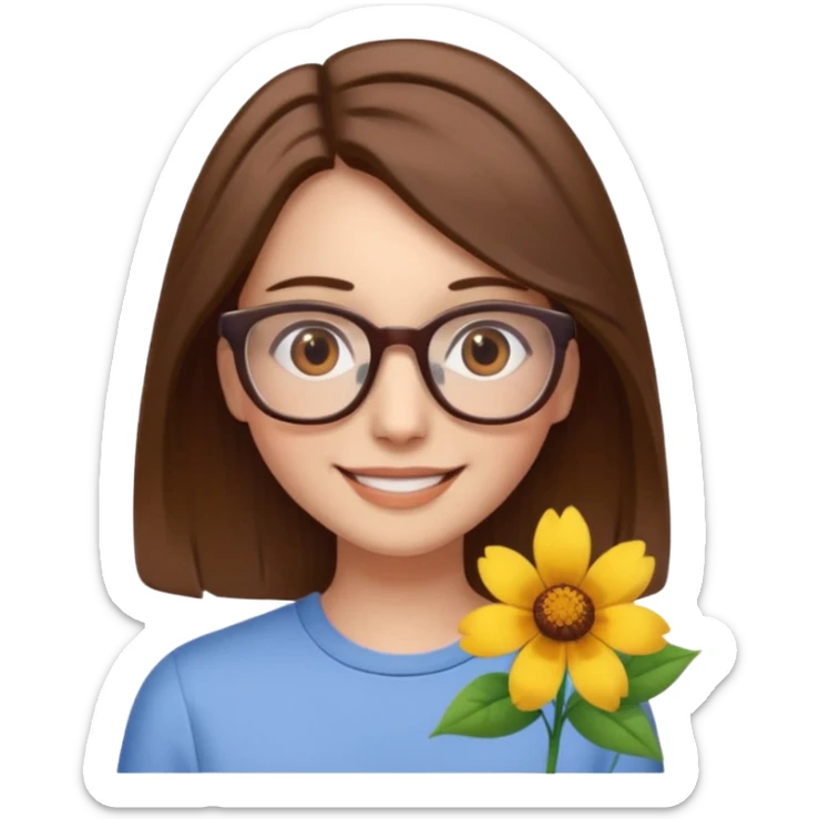 Hawaii female with fair skin. Shoulder length straight brown hair. Brown eyes with glasses. Flower in hair sticker