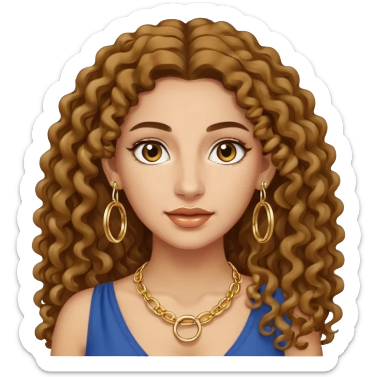 attractive Greek woman with long curly hair and light skin wearing gold hoop earrings and a gold necklace sticker