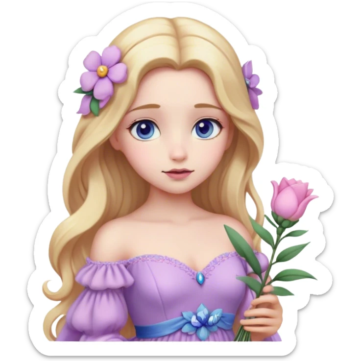 Cinematic Realistic Rapunzel Portrait, with porcelain-like skin featuring a subtle, natural glow, illuminated by soft lighting that brings out the gentle contours of her face. Her long, golden blonde hair cascades in detailed waves, each strand highlighted with a radiant shimmer as it catches the light. She playfully holds a flower in one hand, her other hand resting casually in her lap, with a warm and spirited expression. Her bright, expressive green eyes exude curiosity and warmth, framed by delicate lashes and soft, arched brows. She is dressed in her classic lavender and pink gown, the fabric textured with delicate folds that flow naturally, catching the light with a soft, radiant glow. The portrait captures a luminous, enchanting aura, seamlessly blending realism with a whimsical, fairytale charm, evoking a timeless sense of beauty and magic. sticker