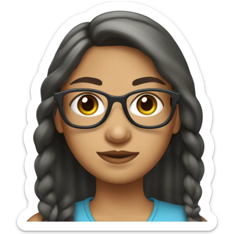 mujer de piel clara con lentes,ojitos chinos,pelo oscuro y recogido con una coleta,con blusa azul, sticker