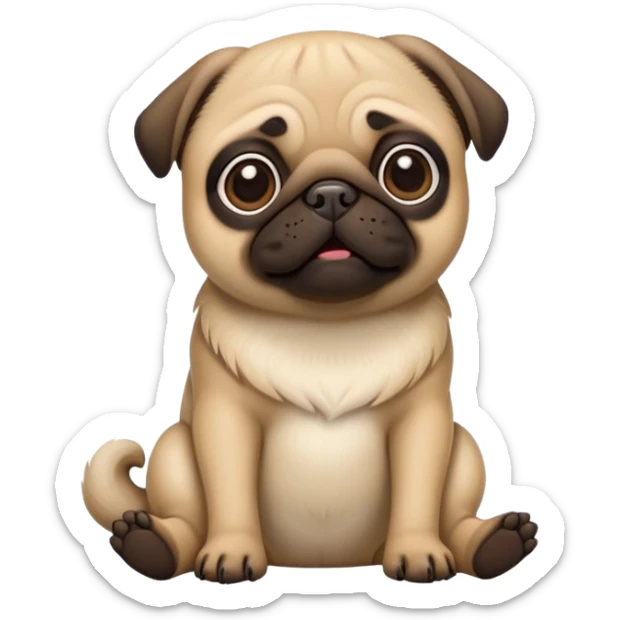 cinematic-[pug]-realistic-full-body-sitting-emoji,-tail-resting-loosely-beside-its-paws,-head-tilted-dramatically, -sleek-[fawn]-fur,-simplified-yet-realistic-focused-features,-highly-detailed,-glowing-with-an-almost-sarcastic-glow sticker