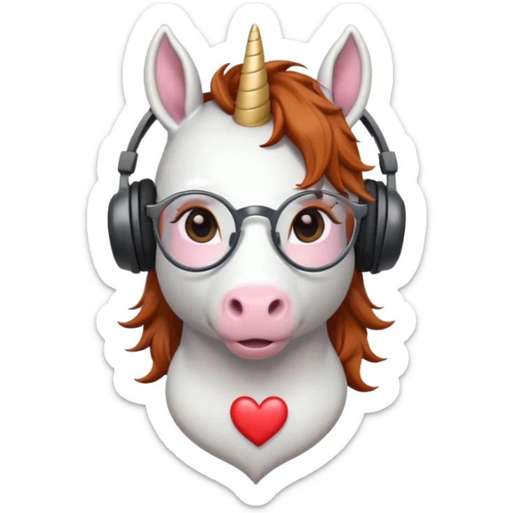 headphone wearing white unicorn with dark ginger hair and heart shaped spectacles very unicorn looking sticker