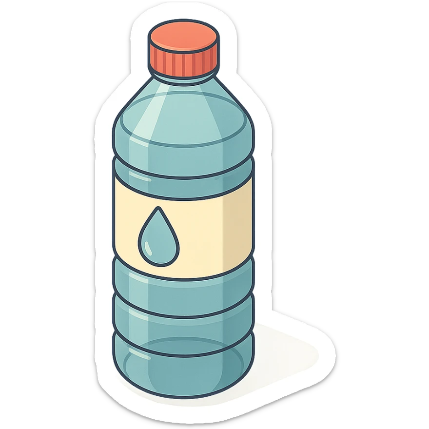 detailed 2D isometric illustration of a bottle of water with shadows and highlights, clean contours, soft lighting, transparent background sticker