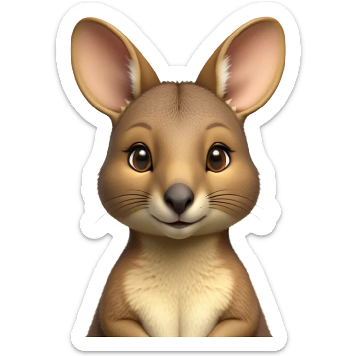Cinematic Noble Wallaby Portrait Emoji, Poised and regal, with a compact, agile build and a soft, well-groomed fur of warm tan and light brown hues, deep-set soulful amber eyes and perky ears, Simplified yet sharp and sophisticated features, highly detailed, glowing with a soft, dignified glow, high shine, intelligent and spry, stylized with an air of bushland elegance, focused and attentive, soft glowing outline, capturing the essence of a watchful and confident marsupial, so majestic it feels as though it could hop out of the screen with effortless authority! sticker
