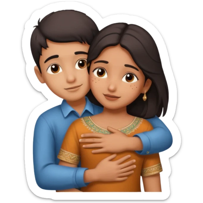 indian boy hugging indian girl from behind... boys hand down near navel of girl... boys head on the shoulder of girl... hugging tight.. more romantic sticker