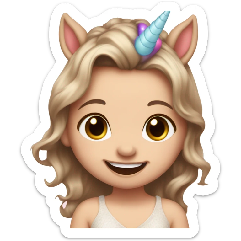 newborn with pale skin, hazel eyes, straight brown hair, wearing unicorn headband and big smile and tongue out sticker