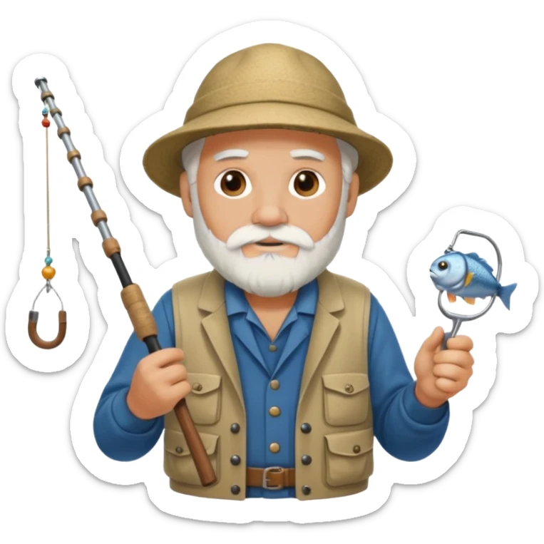 an old white haired, bearded man in fisherman attire, sat in a big boat on a calm sea, holding one fishing rod in one hand, with the end of the fishing line touching the water sticker