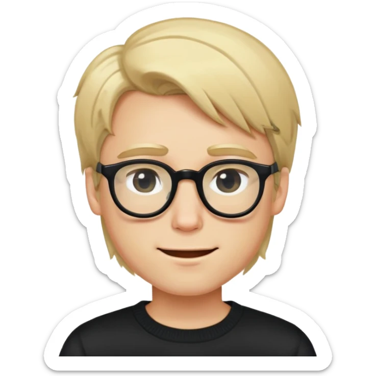 A cute guy with blond hair and slightly longer than usual hair, wearing strict glasses, a black sweater, winks sticker
