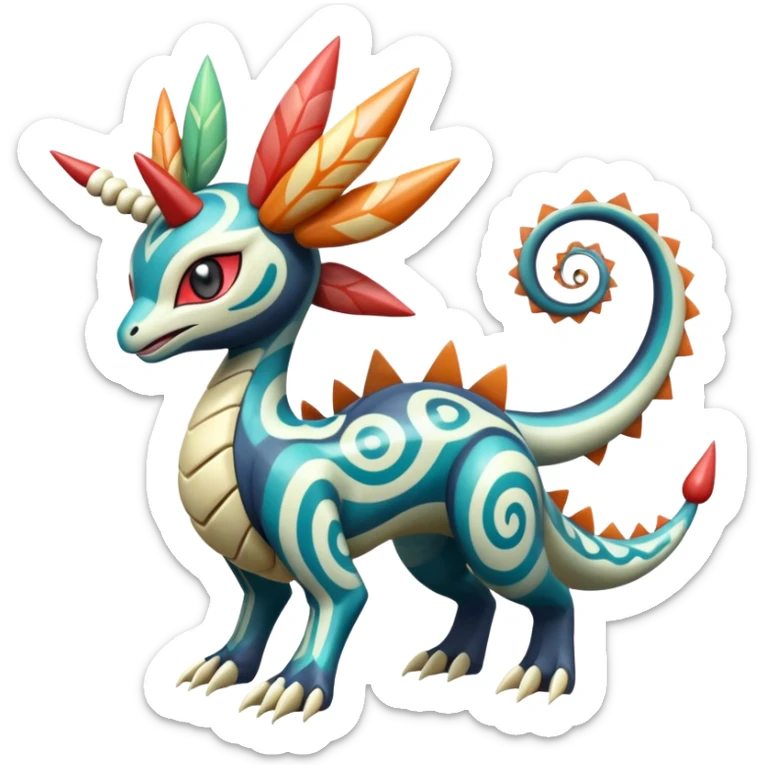zig-zag-patterned clownish colorful exotic fruity tribal tropical hot swirl-marked Meloetta-Dialga-Salamence-Giratina-Noivern-Pokémon-Fakémon-fusion-hybrid-creature sticker