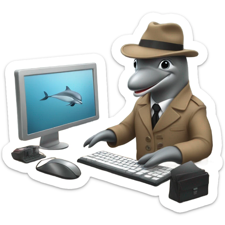 Dophin but a spy wearing a coat and a hat in brown and in a office typing on a computer  sticker