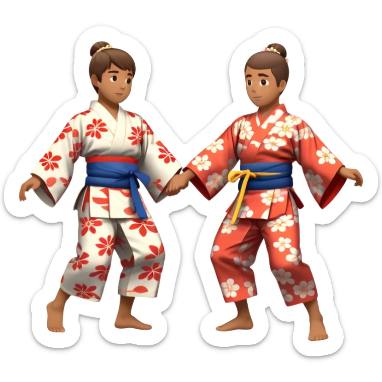 Cinematic Realistic scene of two performers engaging in Bon Odori, dressed in traditional yukata with intricate summer patterns, captured in graceful, rhythmic motion with warm, festive lighting sticker