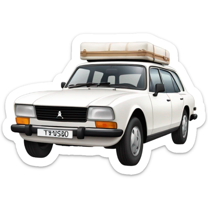 a white peugeot 504 break car with luggage on the roof sticker