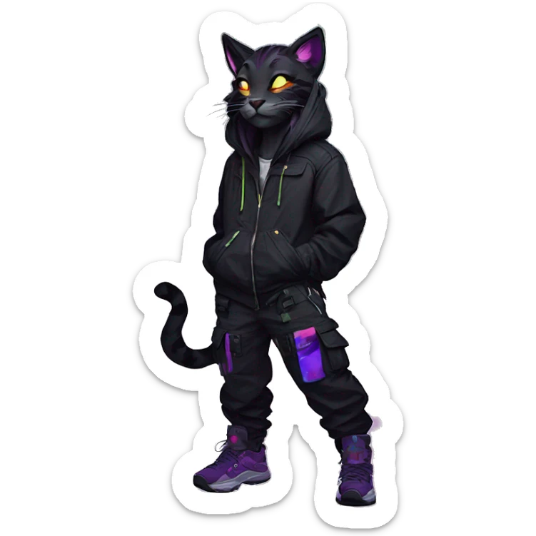 Edgy Anthro cool pretty colorful dark cat-fursona techwear cargo pants hoodie sticker
