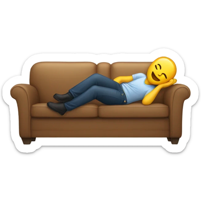 A person lying on a sofa, one leg crossed over the other, with hands behind the head, relaxing in a cozy setting, emoji skin sticker