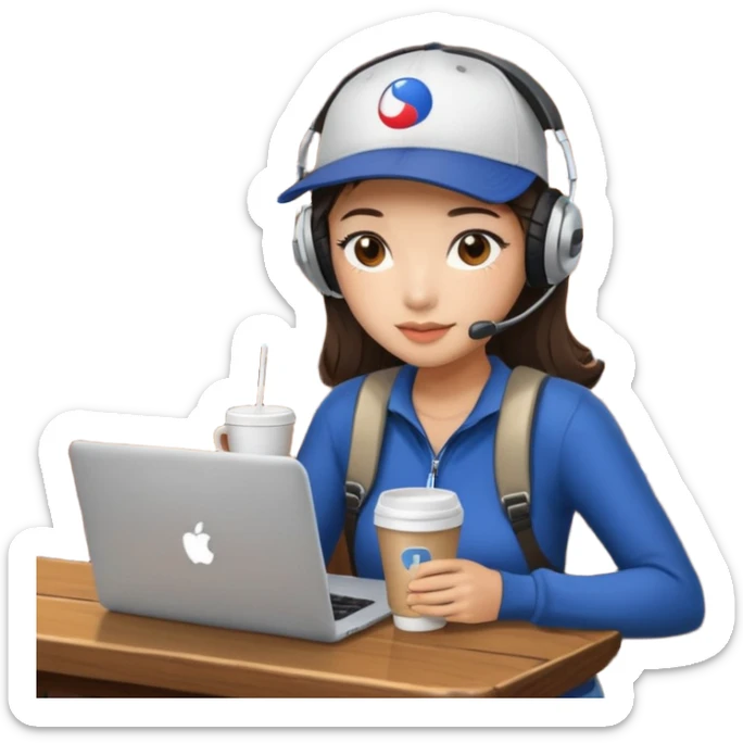 A Korean girl at a dive bar with a laptop and headphones on holding a cup of coffee sticker