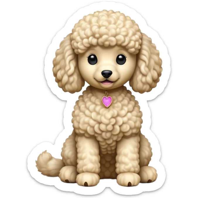 cinematic-[poodle]-realistic-full-body-sitting-emoji,-tail-resting-loosely-beside-its-paws,-head-tilted-dramatically, -curly-[cream]-fur,-simplified-yet-realistic-focused-features,-highly-detailed,-glowing-with-an-almost-sarcastic-glow sticker