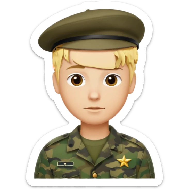 a soldier with short blonde hair in camo in a beret a man sticker