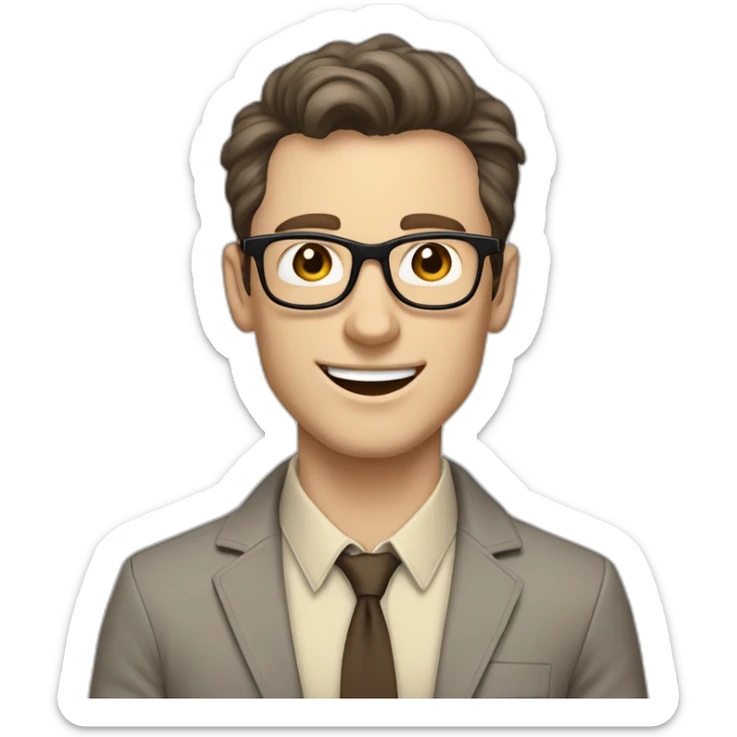 Joyful Pale skinned Fit Man With dark brown hair in gray jacket, beige office shirt, Brown pants and vintage glasses. His thrumbs up sticker