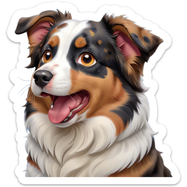 Cinematic Cute Yawning Calico Australian Shepherd Portrait Emoji, Head tilted slightly with a dramatic, wide-open yawn, predominantly white coat with vibrant black, tan, and red calico merle patches, floppy ears slightly drooping, round blue eyes barely open in drowsy contentment, Simplified yet irresistibly adorable features, highly detailed, glowing with a soft, cozy glow, high shine, relaxed yet expressive, stylized with a touch of whimsy, bright and endearing, soft glowing outline, capturing the essence of a sleepy yet affectionate pup, so drowsy it feels like it could stretch right out of the screen and curl up for a nap! sticker