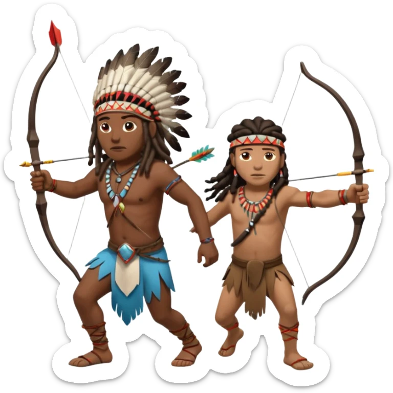 Black American man dark brown with dreads with a American Indian headdress shooting a bow and arrow at a native Indian while they run sticker