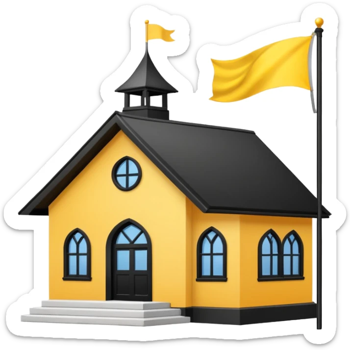 white background, magic school, black roof, with a big flag, big flag on a roof, big yellow flag, white school sticker