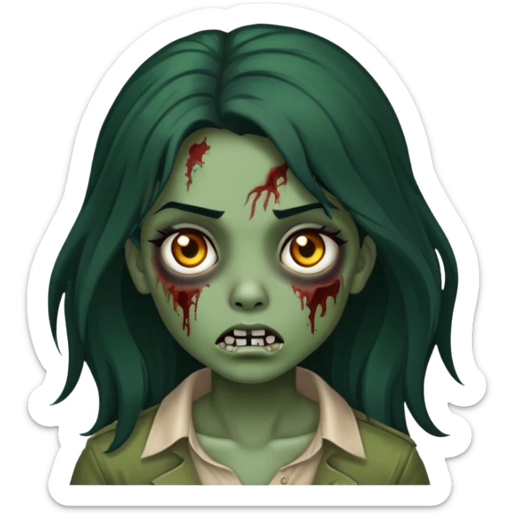 zombie girl, dark green skin color, long hair, black color, neutral expression  sticker