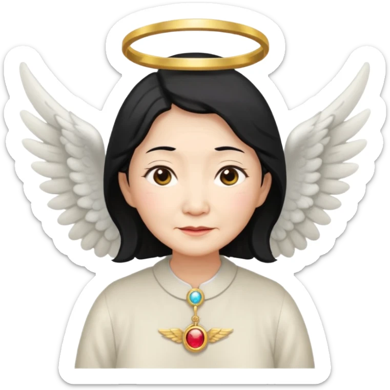 Angel Old Lady with wings black hair asian  smaller eyes w halo sticker