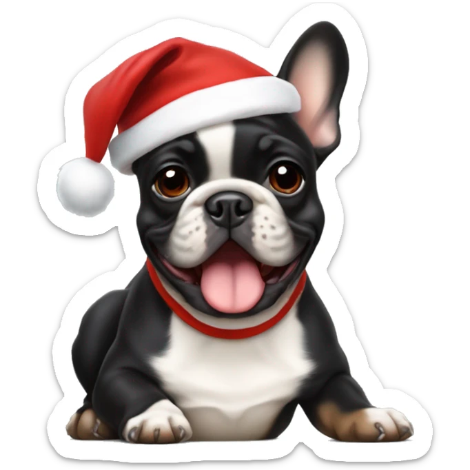 A small, black-and-tan French bulldog with a mostly black face and tan paws, wearing a classic red and white Santa hat, sitting happily with its tongue slightly out. sticker