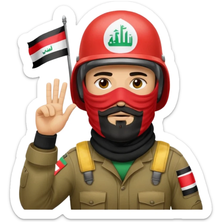 surrenders, depicts an Iraqi soldier from 1980, with a beard, in a helmet, a helmet with sign flag Iraq, with a balaclava, with sad eyes and both hands raised up sticker