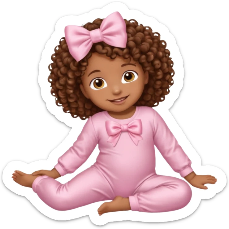 Brown skin baby with brown curly hair down laying down with satin baby pink onesie and white bow sticker