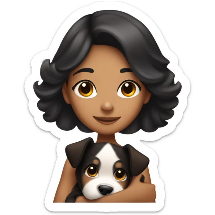 Tanned girl black hair cuddling brown and white puppy sticker