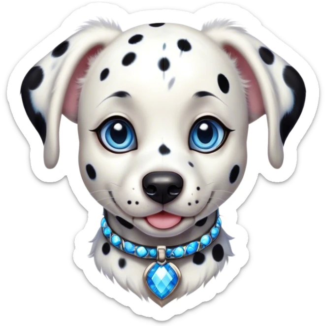 Cinematic Cute Harlequin Dalmatian Portrait Emoji, Head tilted playfully and inquisitively, featuring a glossy Fur of predominantly white with dynamic black patches, round, sparkling blue eyes filled with gentle curiosity, Simplified yet irresistibly adorable features, highly detailed, glowing with a warm, friendly glow, high shine, affectionate and gentle, stylized with a touch of whimsy, bright and endearing, soft glowing outline, capturing the essence of a mischievous yet loving pup, so playful it feels like it could lumber out of the screen and into your arms! sticker