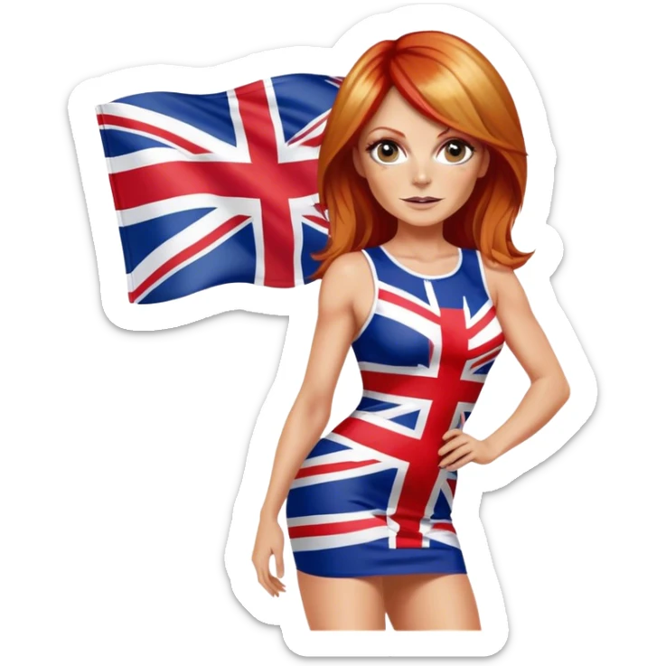 Geri Halliwell with red hair and blonde highlights wearing a short bodycon uk flag dress sticker