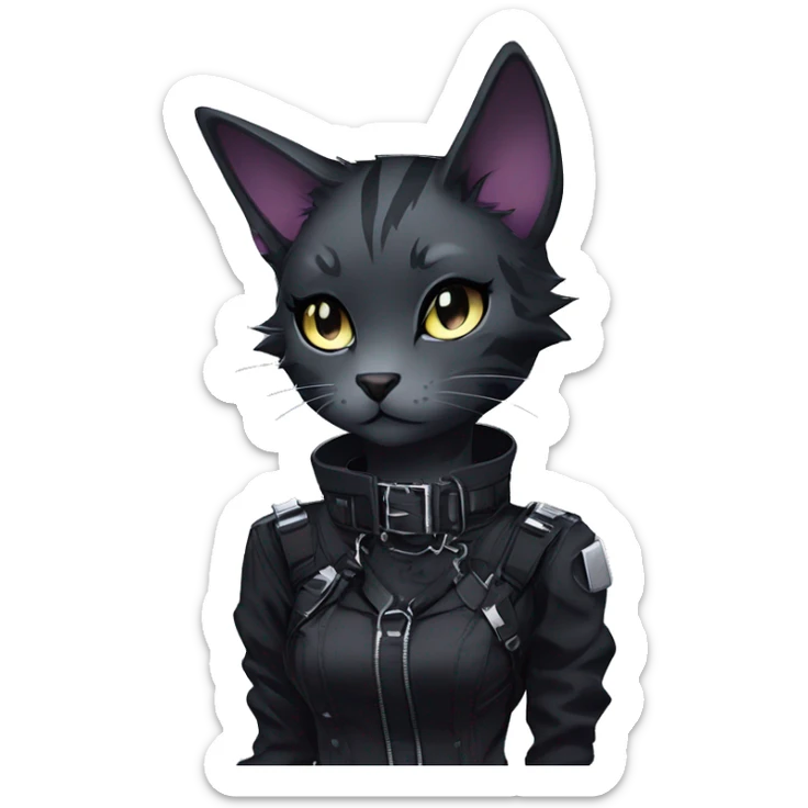 Gorgeous edgy epic futuristic punk gothic dark techwear anime style anthro cat with blushing face aesthetic and pretty edgy black with collar and harness trending style sticker