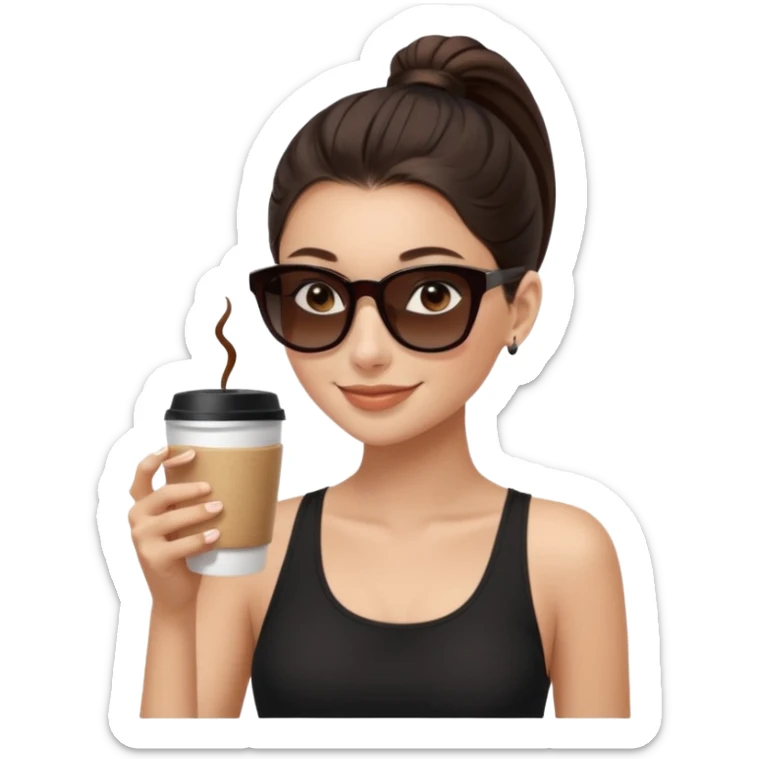 generate a pretty fair bratz girl with dark brown eyes, dark brown eyes tied into a slick back ponytail, thin brown sunglasses. Wearing a black cami top and drinking coffee, high cheekbones sticker
