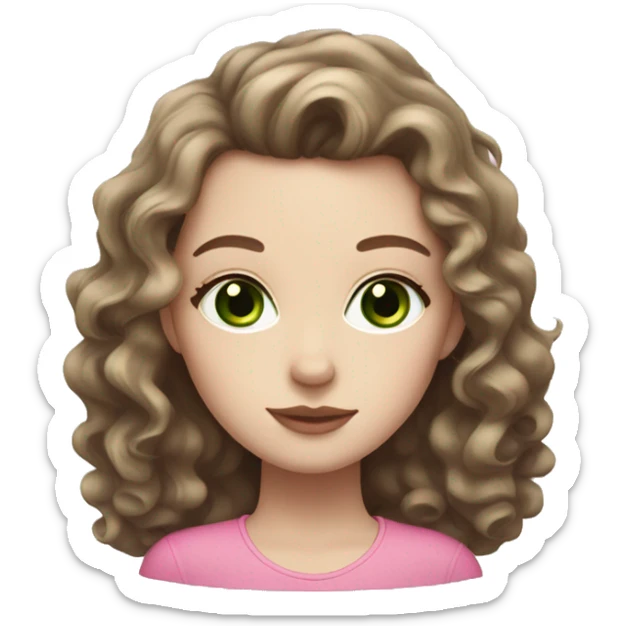 Girl with pale white skin, green eyes, long curly brown hair with pink lips. sticker