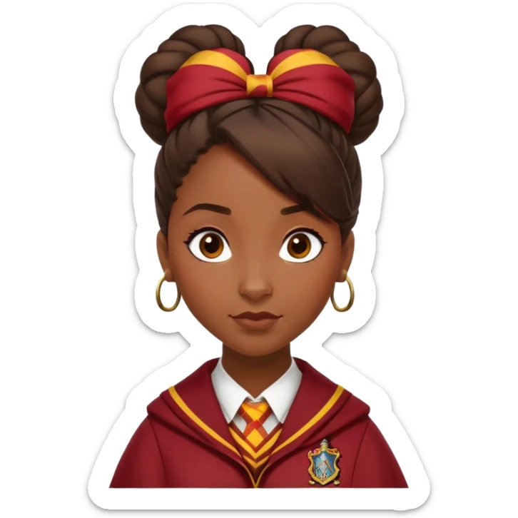 Tiana Benjamin is Angelina Johnson in harry potter, wear hogwarts gryfindor uniform,  thick, brown 1 knot bun hair , reflecting her bold, stylish, and strong personality sticker