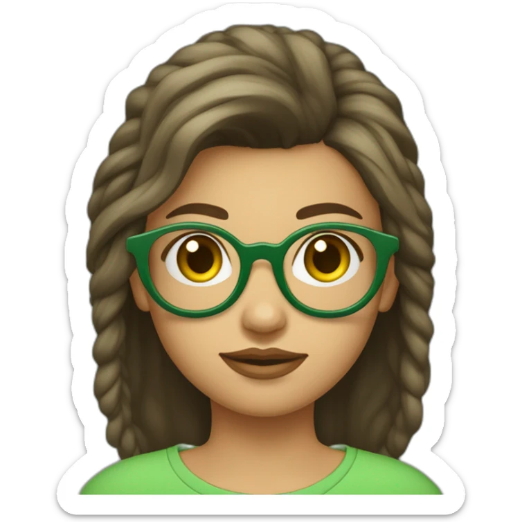 une fille aux cheveux brun avec une queue de cheval basse et des lunettes rondes dorées des sourcils un peu épais et un t-shirt rayé vert clair et vert foncé  sticker