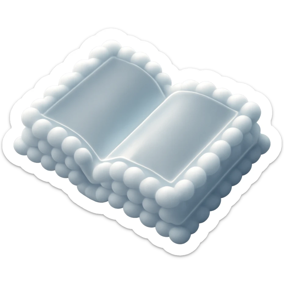 top view of a thick open book made entirely of small, very bright white fluffy convex clouds, matte glass style sticker